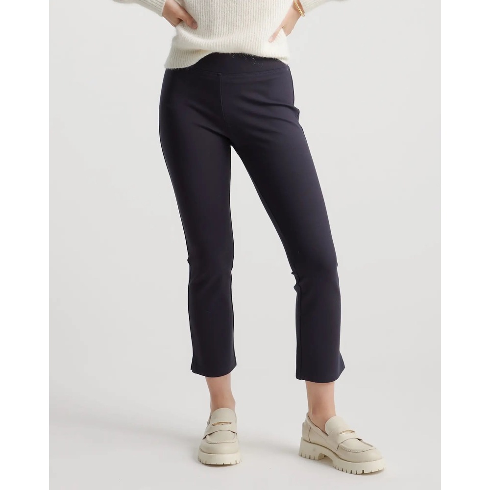 Quince Navy Ultra-Stretch Ponte Kick Flare Pant Cropped Slit Hem Trousers Small
